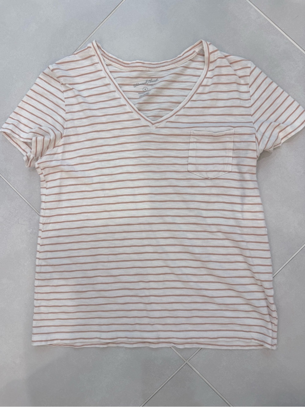 Universal Thread Pink & White Striped V-Neck Pocket Tee